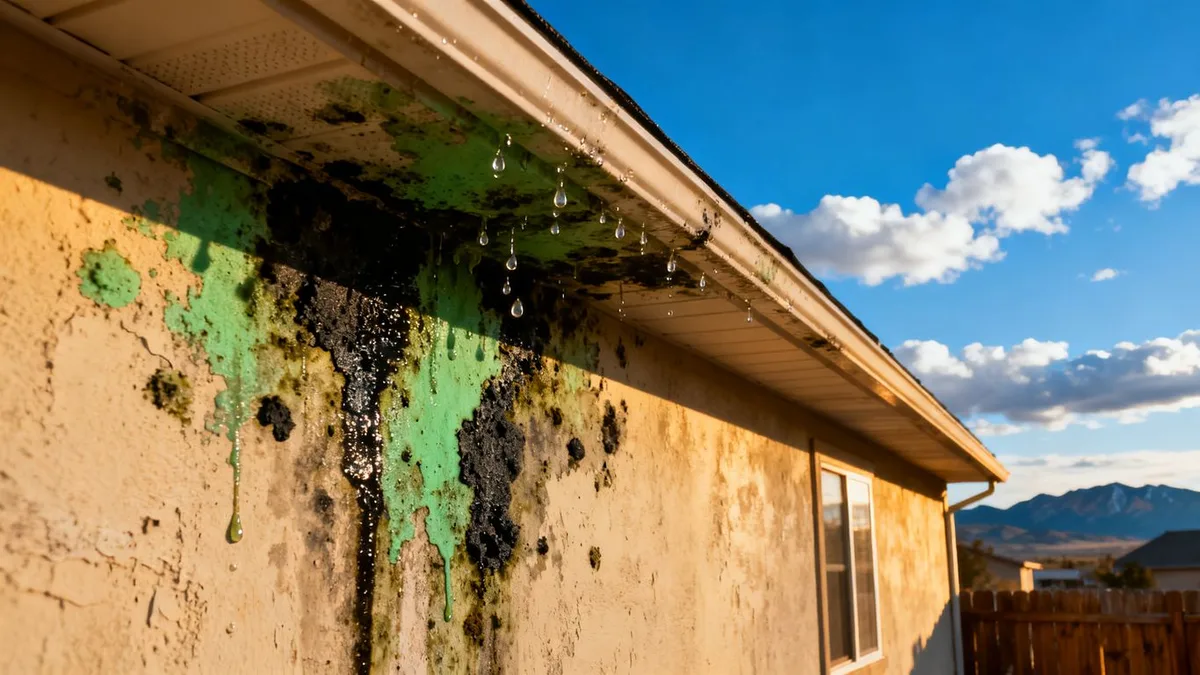 Mold and water staining streaking down the exterior wall of a Colorado home below a dripping gutter, with the Front Range in the distance.