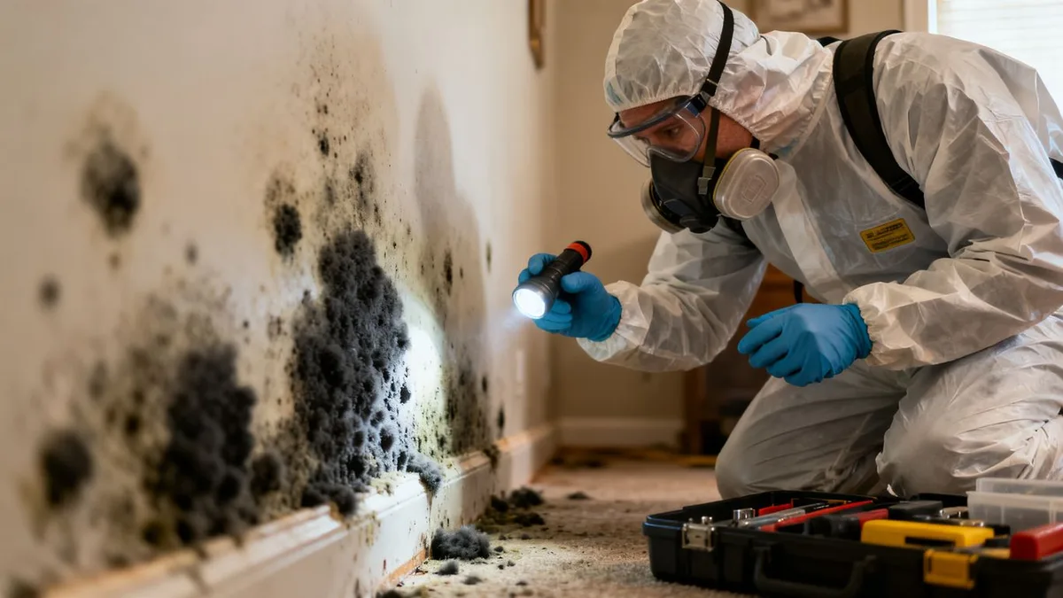 A mold remediation technician in protective gear inspecting black mold on an interior wall.