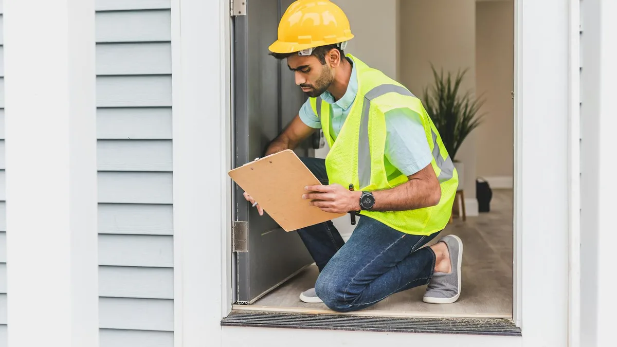 A home inspector in safety gear examining a residential entryway with a clipboard.